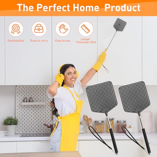 HDAJY Telescopic Fly Swatters 2 Pack, Premium Plastic Flyswatter, Fly Swatter Heavy Duty for Indoor, Outdoor, Classroom, Stainless Steel Handle(Black)
