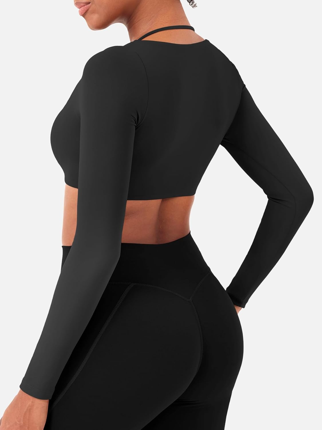 YEOREO Long Sleeve Crop Tops for Women Square Neck Workout Yoga Cropped T Shirt Top Padded Halter Neck with Detachable - Image 2