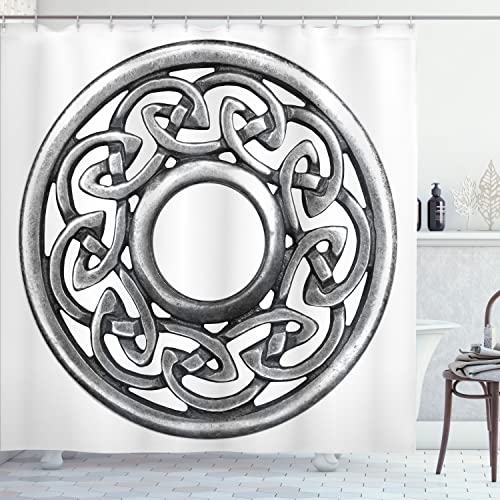 Ambesonne Celtic Shower Curtain, Royal Style Circular Brooch Design Antique Traditional Scottish Motif Print, Cloth Fabric Bathroom Decor Set with Hooks, 69" W x 70" L, Grey and White