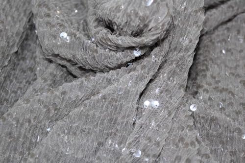 Tissu filet gris poussiéreux avec séquence argentée matériel couture robe largeur 147cm
