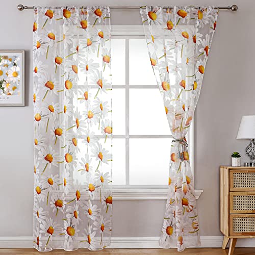 White And Orange Sheer Curtains 1 Set Of 2 Panels, Cute Flowers Sheers Window Curtains, Floral Pattern Curtains & Drapes For Bedroom Kitchen Nursery Dining Room Doorway Window Treatments Rod Pocket #TOP2