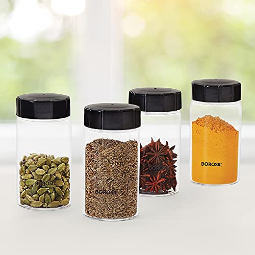 Image of Borosil 250ml 4pc Neo Glass Spice Jar Set with PP Lid | Borosilicate Glass Storage Organiser | Microwave & Dishwasher Safe Kitchen Containers for Spices, Snacks, Grains, Dals | Transparent