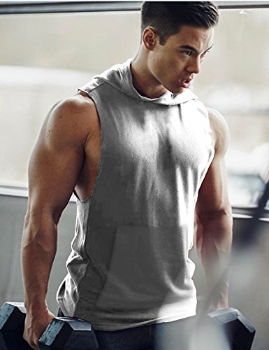 Coofandy Men's Workout Hooded Tank Tops Bodybuilding Muscle T Shirt Sleeveless Gym Hoodies,Grey,Small - Thumbnail 2