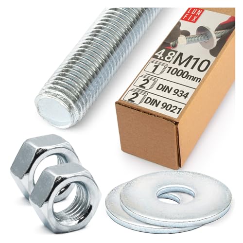 Varilla roscada M10 x 1000 mm, set 1 uds con 2 tuercas DIN 934 y 2 arandelas DIN 9021 galvanizadas, varillas de hierro DIN 976 acero clase 4.8, kit de fijación y tornillos profesionales Lun Fix