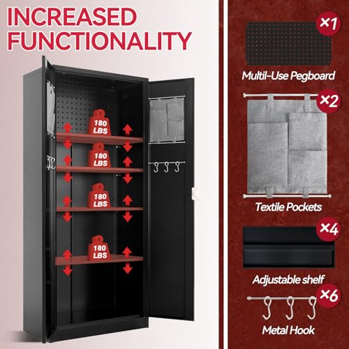 Pataku Garage Storage Cabinet Black Metal Locking Cabinet with Door Multifunctional with Adjustable Shelves, Pegboard, Hanging Rod, Tool Cabinet for Home, Office, Warehouse…