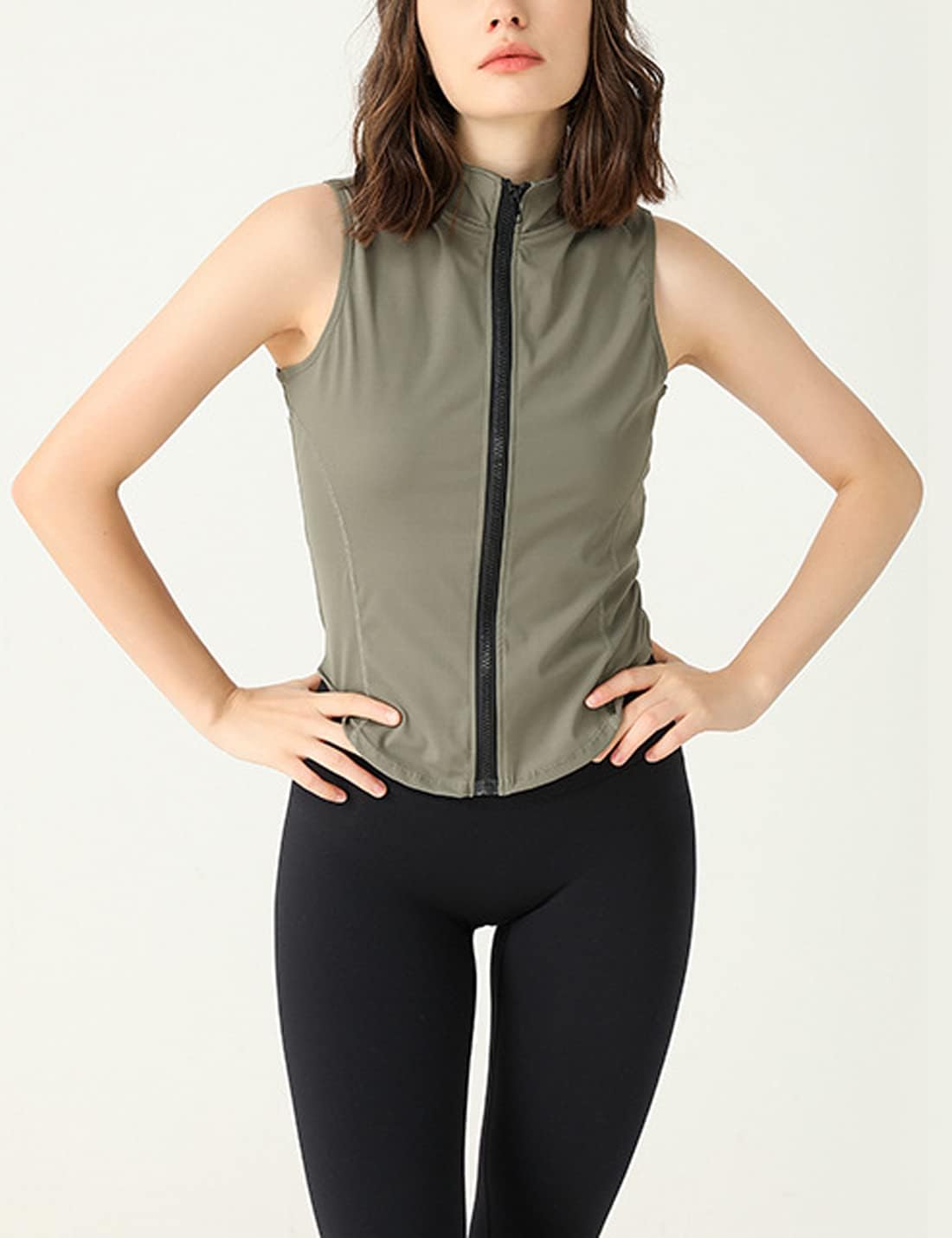 Women's Slim Fit Full Zip Sleeveless Running Track Jacket Workout Stretchy Athletic Yoga Sportwear Army Green M