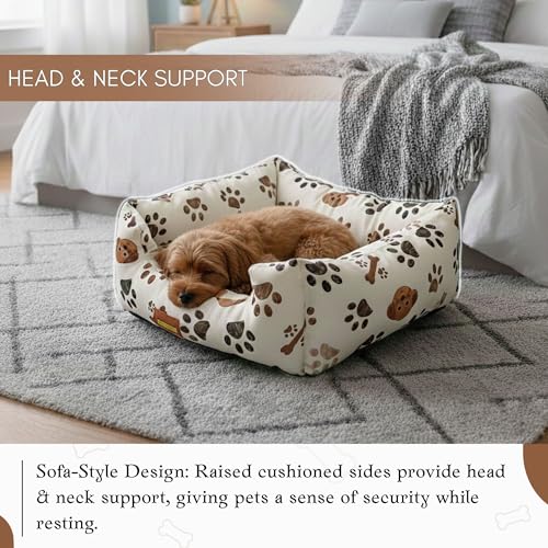 Image of SITSNOOZE Small Dog Bed (Up to 5kg) for Shih Tzu, Pomeranian, Chihuahua Puppies - Plush Soft Washable Bed, Orthopedic Cushion, Indoor Waterproof Anti-Slip Bottom Pet Mattress (Beige Printed, S)