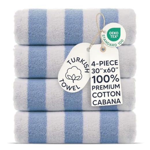 Chakir Turkish Linens Premium Quality 100% Cotton Turkish Cabana Thick Stripe Pool Beach Towels 4-Pack (Light Blue, 30x60 Inch)