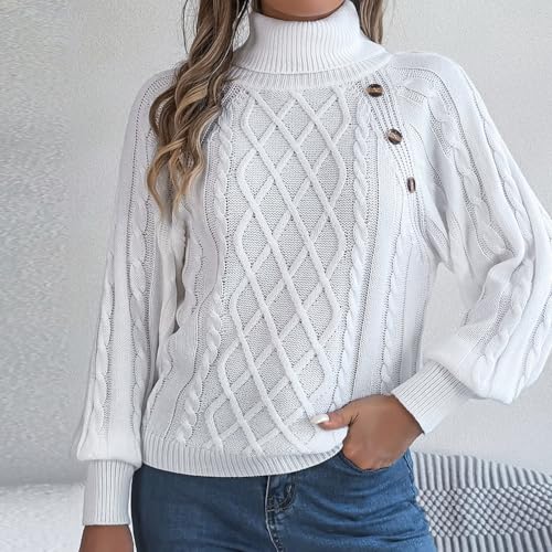 Turtleneck Sweater Pullover Cable Knit Long Sleeve Chunky Warm Top Button Stretch Casual Lightweight Fall Clothes3