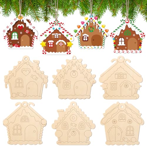 COCHIE Wooden Christmas Ornaments to Paint for Kids Adults Set of 24 Xmas Unfinished Wood Crafts for Painting DIY Paintable Christmas Cutouts Slices for Craft with Ropes (Gingerbread House)