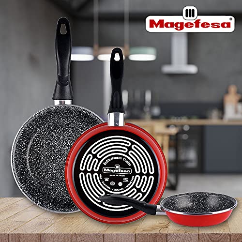Imagen de las 3 sartenes Magefesa K2 Rojo apiladas
