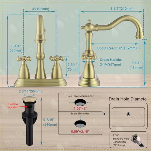 Antique Bathroom Faucet Brushed Gold, Senhozi Cross Handles Centerset Bathroom Faucet for Sink 3 Hole with Overflow Pop Up Drain Assembly and Supply Hose, SUS304 RV Bathroom Faucet 3 Hole, SE-0038-BG thumbnail 6