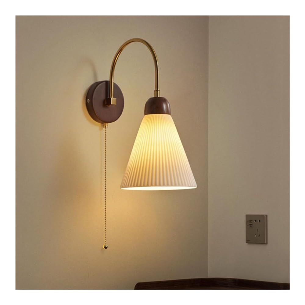 OZBMA Vintage Gold Gooseneck Wall Lamp White Ceramics Light Antique Wood Sconce with Pull Chain Switch for Bedroom Bathroom Living Room(17cm/6.7in) (size_name 15cm/5.9in)
