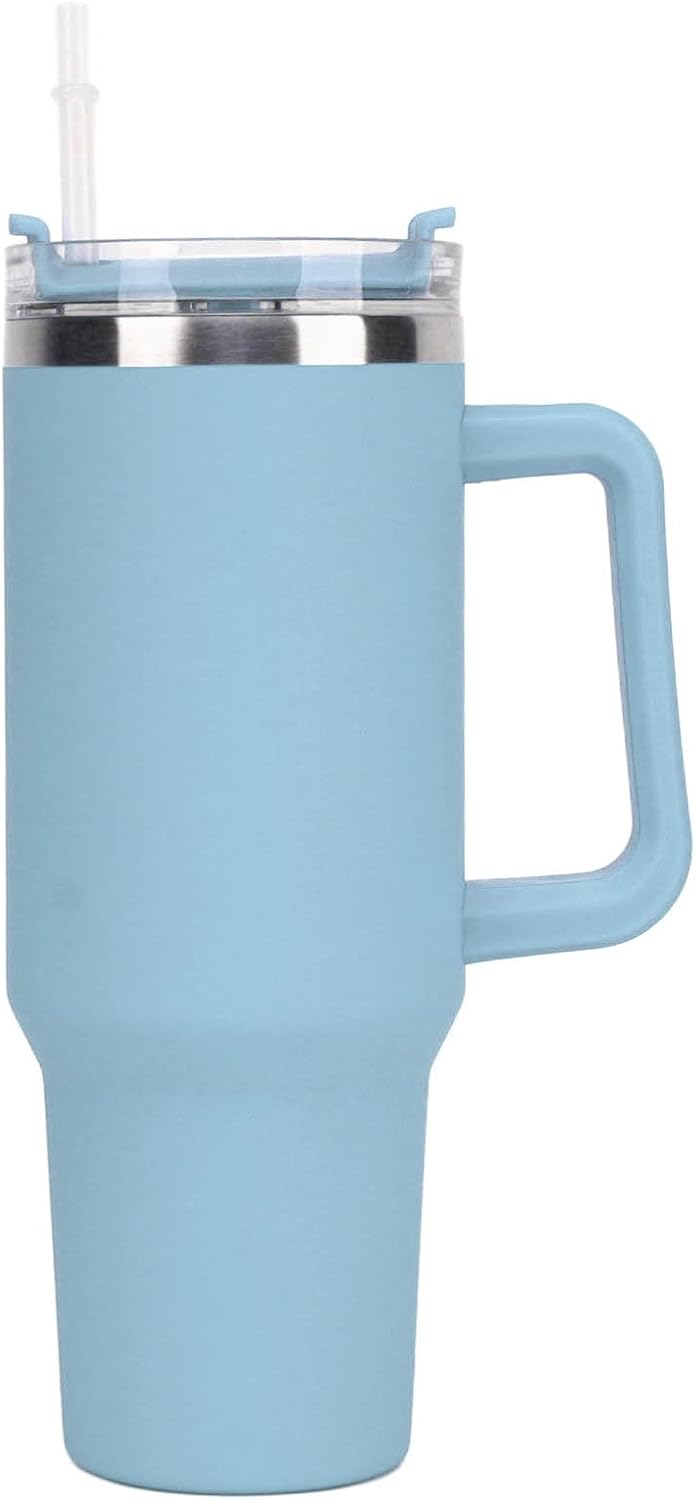 Jiawu 40oz Tumbler with Handle and Straw, Stainless Steel Insulated Water Bottle, Coffee Mug with Leak Proof Lid, Reusable Travel Mug for Hot and Cold Water, Iced Tea or Coffee (Light Blue)