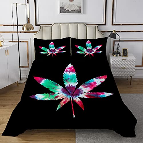 Colcha de Hoja de Marihuana con Hojas de Cannabis y Degradado para niños y niñas, Juego de edredón botánico de Marihuana, de Hojas de Colores, Acolchado 3 Piezas de Cama Doble