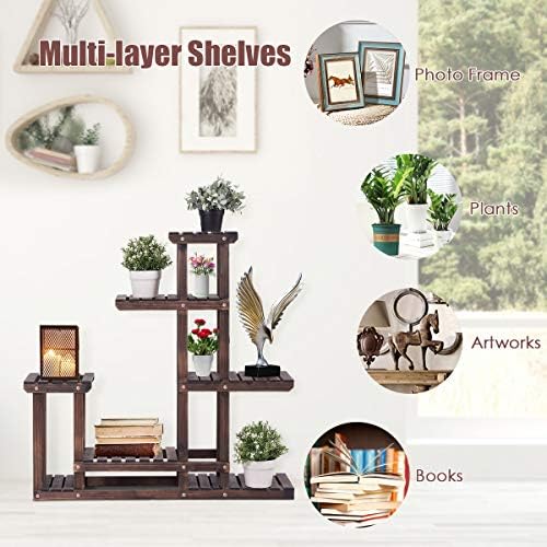 COSTWAY 6-Tier Floor-standing Flower Rack, Wood Plant Stand 10 Pots Bonsai Display Storage Shelf, for Indoor Outdoor Yard Garden Patio Balcony Living Room(Type 3: 6-Tier 10 Pots)