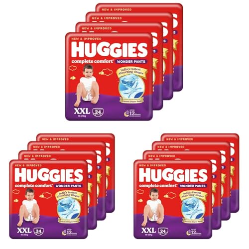 Image of Huggies Complete Comfort Wonder Pants | Pant Style Baby Diapers Double Extra Large (XXL) Size, 96 Count | India's Fastest Absorbing Diaper, Prevents Diaper Rash, Ideal for 15 to 25 Kgs (24 Count, Pack of 12)