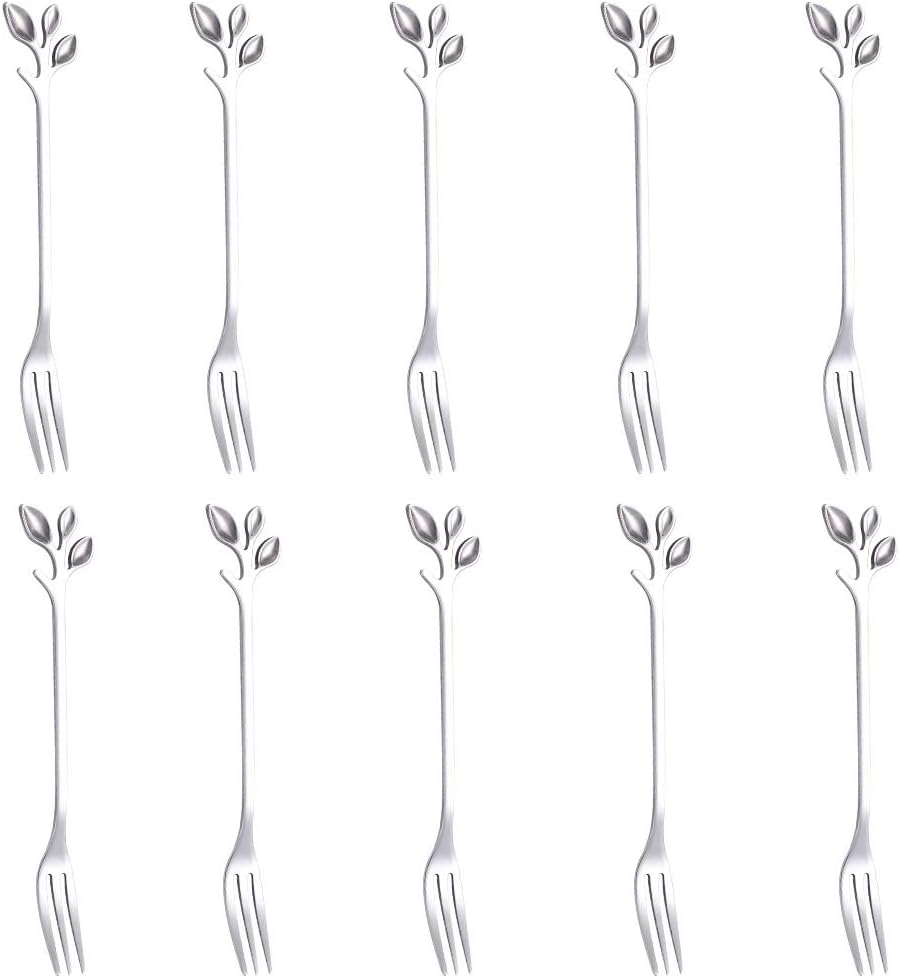 AnSaw 10 Pcs Stainless Steel Silver Leaf Creative Appetizer Cake Fruit Forks Set 4.7 Inches Tasting Dessert Forks Kitchen Accessory Wedding Party (Silver-10Forks)