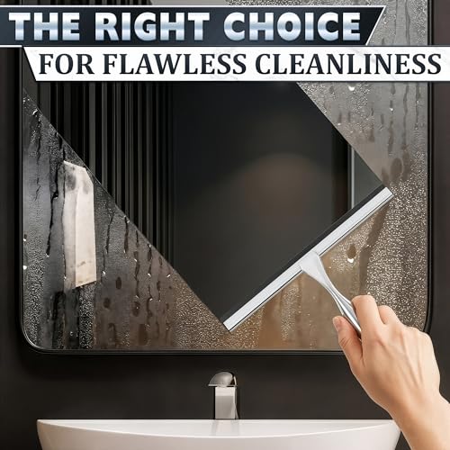 Image of Shower Door Squeegee with Hook - 10 inch Silicone Blade, Stainless Steel Squeegee for Shower Glass with Adhesive Mount - All-Purpose Bathroom Tile, Mirror, & Window Wiper for Streak-Free Cleaning (Silver)
