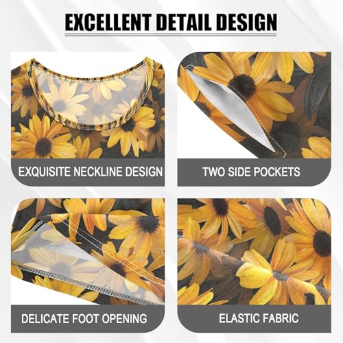 ALAZA Yellow Flower on Black Pajamas Set Short Sleeve Cotton Sleepwear Summer Pjs 2 Piece 5-14Y4