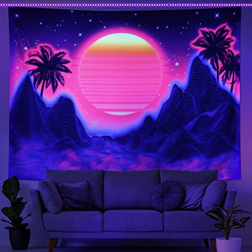 Amtoodopin Blacklight Sun Tapestry Uv Reactive Synthwave Tapestry Psychedelic Mountain Wall Tapestry Palm Tree Tapestry Wave Tapestry Wall Hanging For Bedroom #TOP2