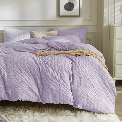 Image of JELLYMONI Seersucker Duvet Cover Set Queen, 3pcs Light Purple Polyester | In Master Bedroom, Couples Pick, Crinkled Texture, Oeko-Tex Certified, 8 Corner Ties & Hidden Zipper
