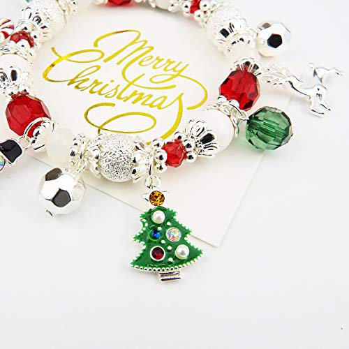 Rarelove Christmas Snowflake Charm Beaded Bracelet Stretch Strand Elastic Crystal Silver Tone Dangle Xmas Tree Reindeer Women Girls #TOP5