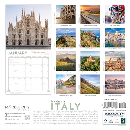 Calendário italiano 2025 | La Dolce Vita | Calendário italiano de parede de viagem de 30,5 x 61 cm |