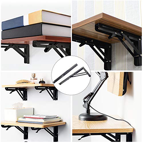 2 Pcs Folding Shelf Stainless Steel Bracket -14\'\' Heavy Duty Metal Collapsible Shelf Bracket for Triangle Table Bench, Wall Shelf Hinges Wall Mounted Shelves Space Saving DIY Bracket, Max Load: 150 lb