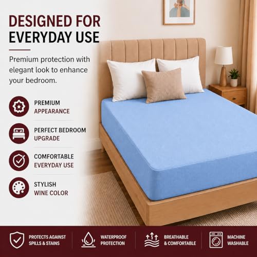 Image of Babylee 100% Waterproof King XL 78x72 Inch 6.5x6 Ft Fits Upto 10 Inch Mattress | Premium Terry Cotton Breathable Bed Protector | Mattress Cover for Double Bed | Sky Blue