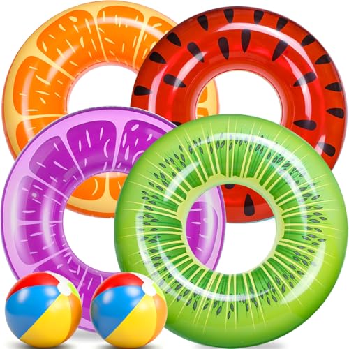 FindUWill 6 Pack Pool Floats Kids, Pool Swim Tubes Rings(4 Pack) - 4Pcs Inflatable Big Floaties Beach Swimming Toys with 2Pcs Beach Balls for Adults Raft Floaties Toddlers