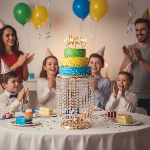 LANLONG Wedding Cake Stand for Dessert Table 12 Inch Gold Crystal Pendants Metal Cake Stand Serves as A Round Dessert Cupcake Display Plate 16 Inch Tall (Gold) by LANLONG - Image 3