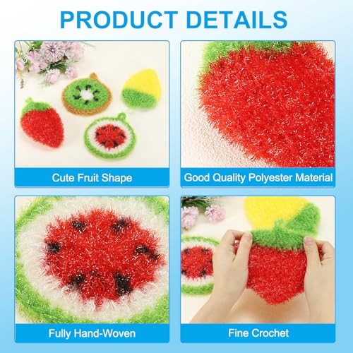 Image of PATIKIL Dish Scrubber, 4 Pcs Non Scratch Cleaning Sponge Hand Crochet Double Layered Durable Dish Cloth Kitchen Sponge for Washing Dishes for Cookware Tubs Sinks, Strawberry