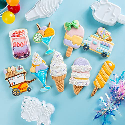 Flycalf Ice Cream Cookie Cutters Summer With 3D Stamper Pla Kitchen Baking Cake 4Pc For Kids 3.5" Baking Embossing Stamps Mold Supplies Biscuit Fondant Tools #TOP3