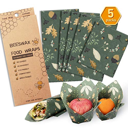 Beeswax Wrap Assorted 5 Packs, Eco Friendly Reusable Food Wraps, Biodegradable, Sustainable Plastic Free Food Storage- 1 Small, 3 Medium, 1 Large- Say Goodbye to Plastic(Green)