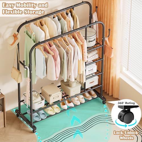 SavvyStor Clothes Rail with Wheels,150KG Metal Heavy Duty Clothes Rack With Double Hanging Clothing Rail, Shoe Rack, 4 Coat Hooks, Open Wardrobe Clothes Rails for Bedroom Shop Dorm, Black