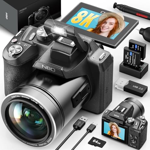 Cámara digital 8K 64MP para fotografía, enfoque automático de zoom 16X, WiFi, pantalla abatible de 180°, viene con tarjeta TF de 64G y 2 baterías, cámara profesional para YouTube Vlogging Live