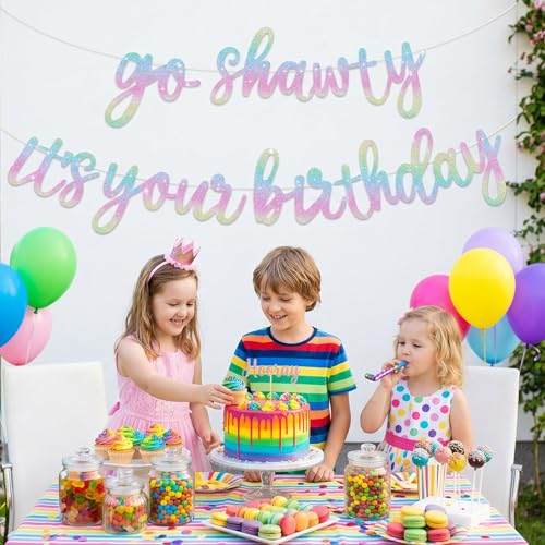 Image of BEISHIDA Go Shawty It's Your Birthday Banner NO DIY Hip Hop Theme Happy Birthday Banner Pre-Strung Rap Theme Happy Birthday Sign for Man Women birthday Party Supply Glitter Light Rainbow