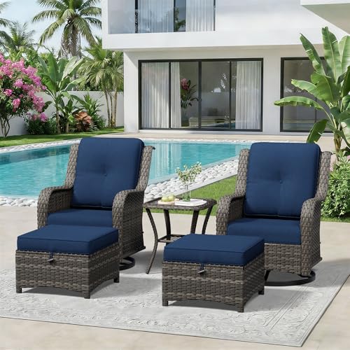 Image of 5 Piece Outdoor Wicker Patio Furniture Set, Outdoor Swivel Rocker Patio Chairs Set with Thickened Olefin Cushions, High Back and Deep Seating, Hand-Woven PE Rattan for Porch, Deck