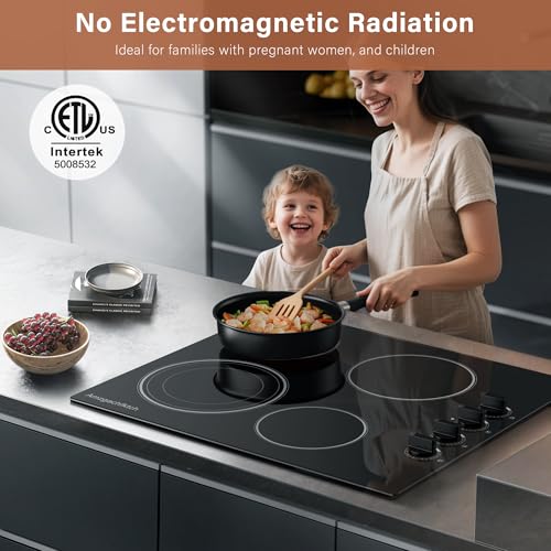 Image of 24 inch Built-In 4 Burner Electric Cooktop, Dual-Ring Burners, 6700W Radiant Stove Top with Knob Control, Residual Heat Indicator & Auto Shut Off, 220-240v Hardwire(No Plug)