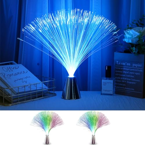 MODOAO 2 st färgskiftande fiberoptiska LED-lampor, 7 färger, färgglada LED-lampor, fiberoptik, batteridriven nattlampa, stämning för vardagsrum och rum