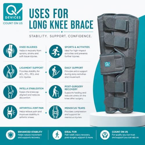 Image of Q DEVICES Long Knee Brace 22 inch Rigid Support, Immobilizes & Stabilizes Knee, & Relieves Pain With Optimal Comfort, Adjustable Strap, Anti Slip Design,Unisex (XXL)