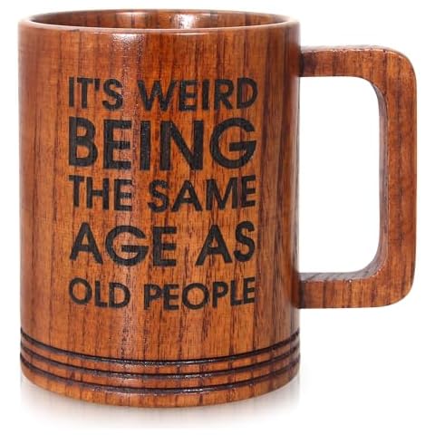 Ayiaren Birthday Gifts for Men Women Wooden Beer Mug Gift Funny Fathers Day Gift for Grandpa Dad Father Husband Him 40th 50th 60th 70th from Daughter Son Cool Old Man Gag Gift Wood Coffee Cup Men Mug Cover