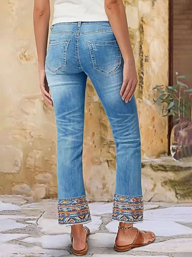Flamingals Straight Leg Cropped Jeans for Women Trendy Mid Rise Stretchy Tribal Embroidery Raw Hem Ankle Jeans2