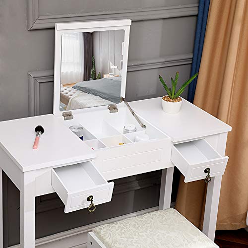 ZDMATHE Vanity Set with Flip Top Mirror Makeup Dressing Table Writing Desk with 2 Drawers Cushioned Stool, Vanity Makeup Table with Removable Organizers (White)
