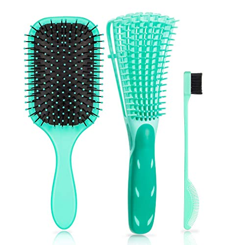 Curly Detangler Hair Brush Set: 2 Pack Detangling Hair Brush with 1 Pack Eyebrow Brush Set for Natural Curly Hair,Thick, Thin, Wet Hair or Dry Hair, Hair Detangler Brush for Women Men Kids-Green
