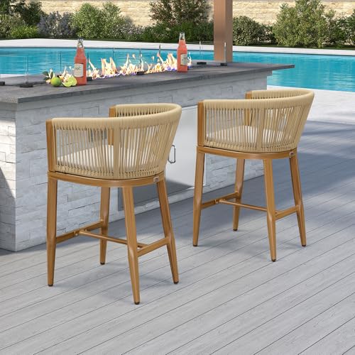 Image of PURPLE LEAF 4 PCS Counter Height Bar Stools Wicker with Cushion, Teak