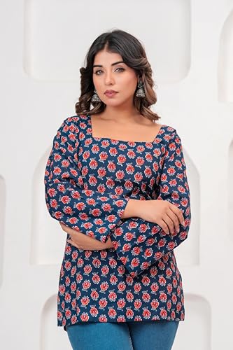 Image of Women's Blue & Red Printed Cotton Short Kurti | Bell Sleeve Straight Kurta | Pure Cotton Casual