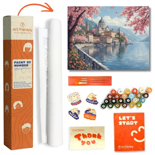 Image of Art Therapy Pcn21 Linen Canvas DIY Paint by Numbers Kit 15 x 20 Inch for Adults and Kids with 2 Set of Acrylic Oil Painting Color Set with Brushes for Stress Relief & Home Decoration (Springtime by The Lake)