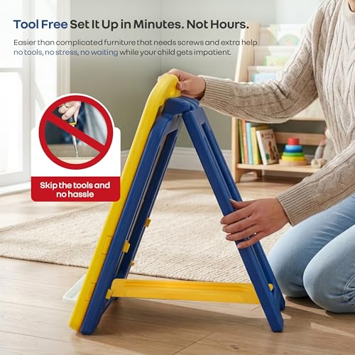 Image of R for Rabbit Little Genius Doodle Duo for Kids Whiteboard with Chair Set | 7-Level Adjustable Height Study Table for 3-7 Years | Foldable & Space Saving | Desk for Learning & Drawing (Yellow Blue)